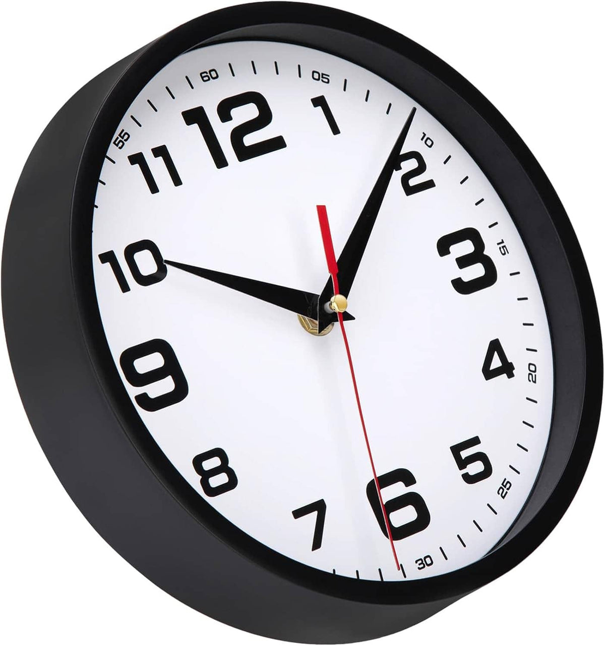 Close-up black analog wall clock, white dial, large numerals, red second hand