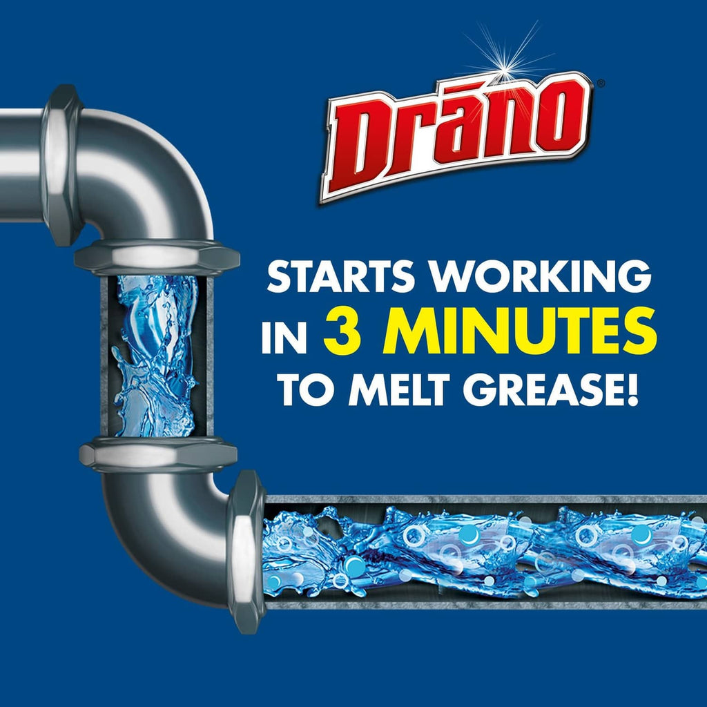Drain clog remover granules with pipe and flowing blue water graphic