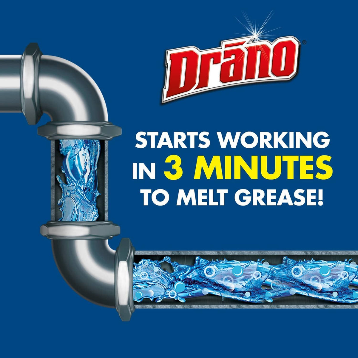 Drain clog remover granules with pipe and flowing blue water graphic