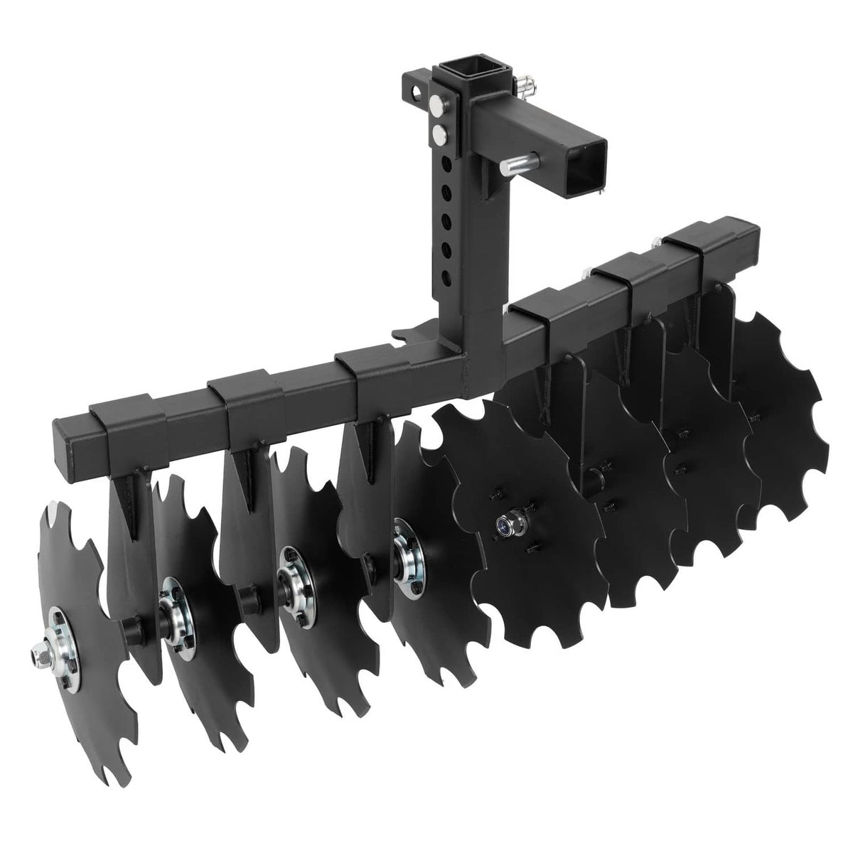 Close-up black receiver disc plow harrow with curved disc blades and hitch frame