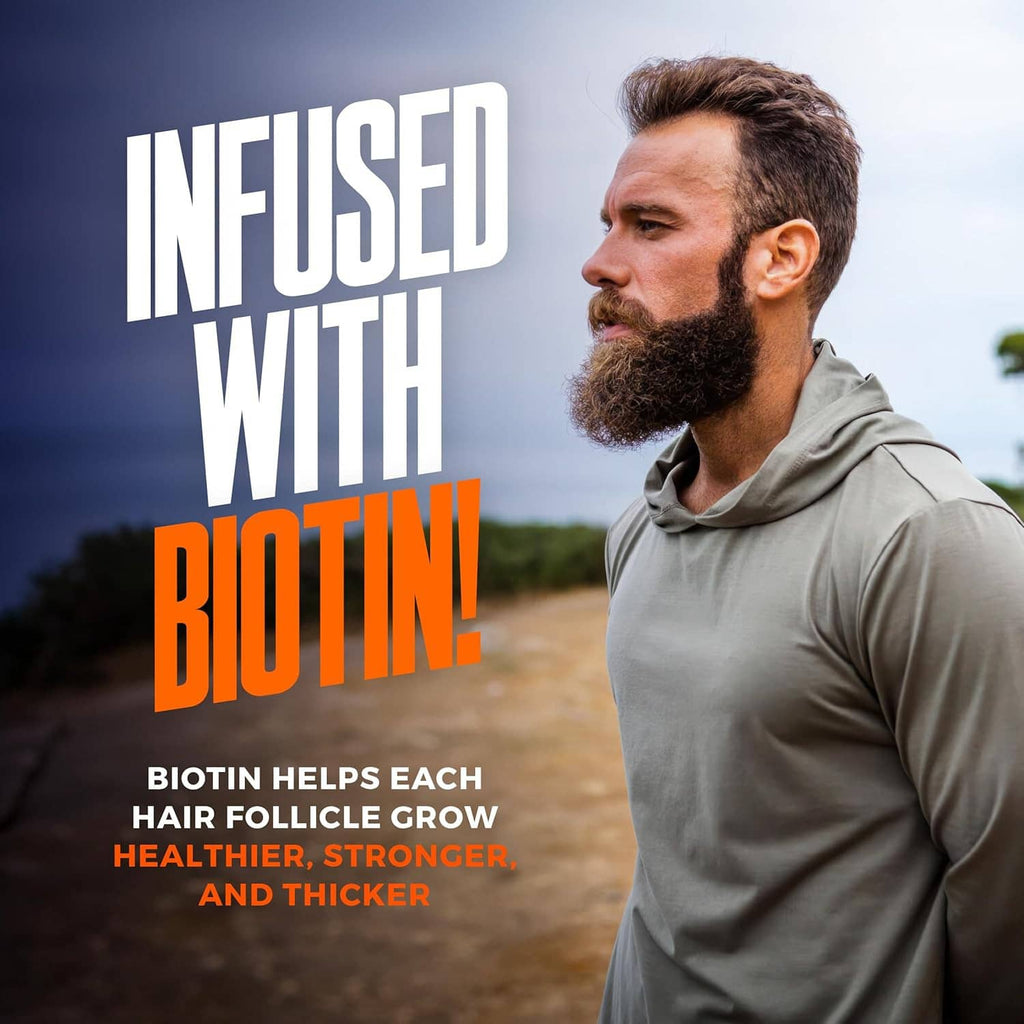 Beard growth serum ad with man in hoodie and full beard, biotin infusion text