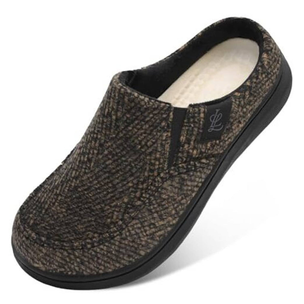 Men’s slip-on moccasin slippers in dark speckled fabric with black collar trim