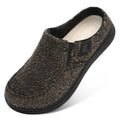 Men’s slip-on moccasin slippers in dark speckled fabric with black collar trim