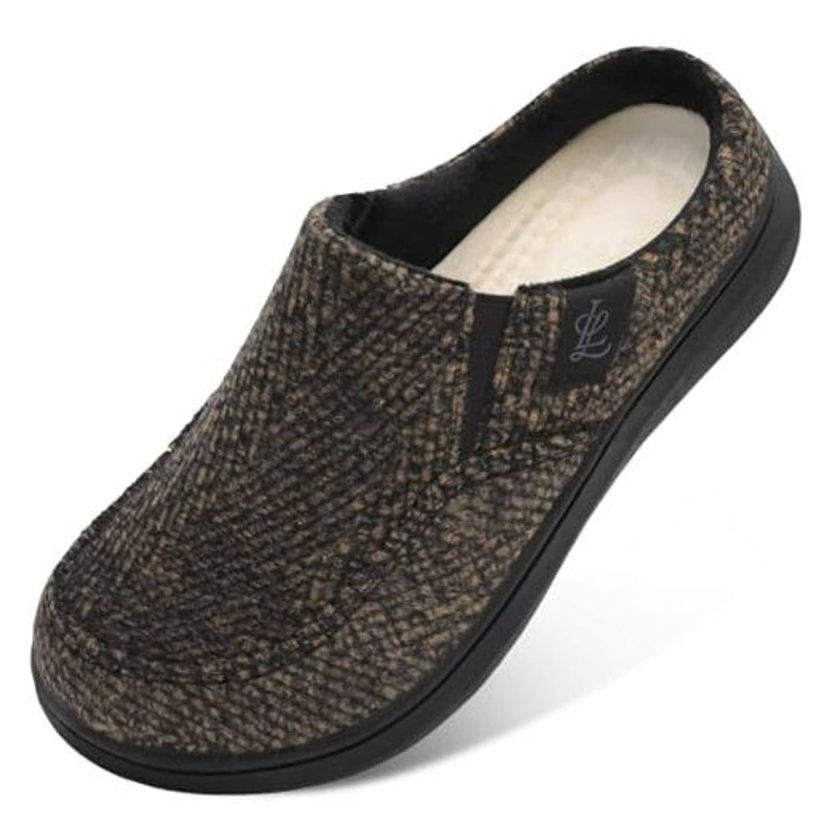 Men’s slip-on moccasin slippers in dark speckled fabric with black collar trim