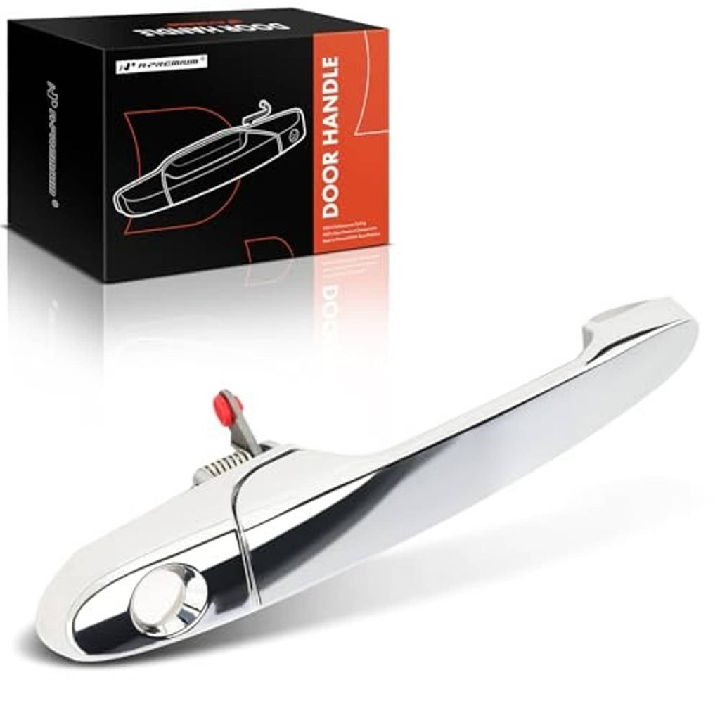 Chrome exterior front passenger door handle with keyhole, angled view