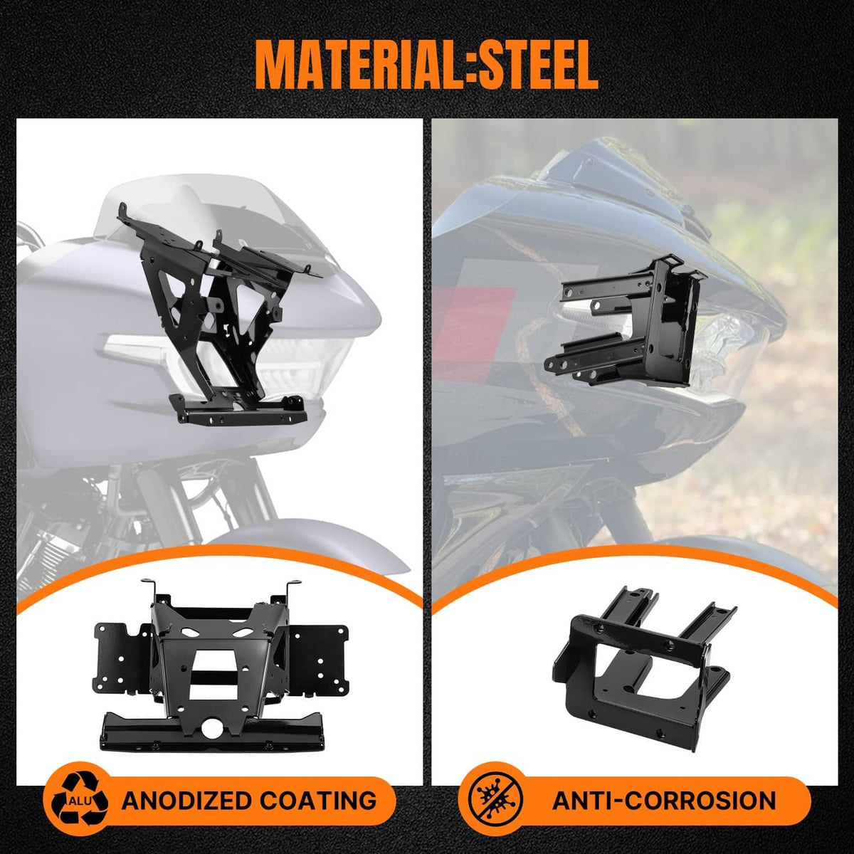 Steel radio frame support bracket mount with an anodized coating and anti-corrosion finish