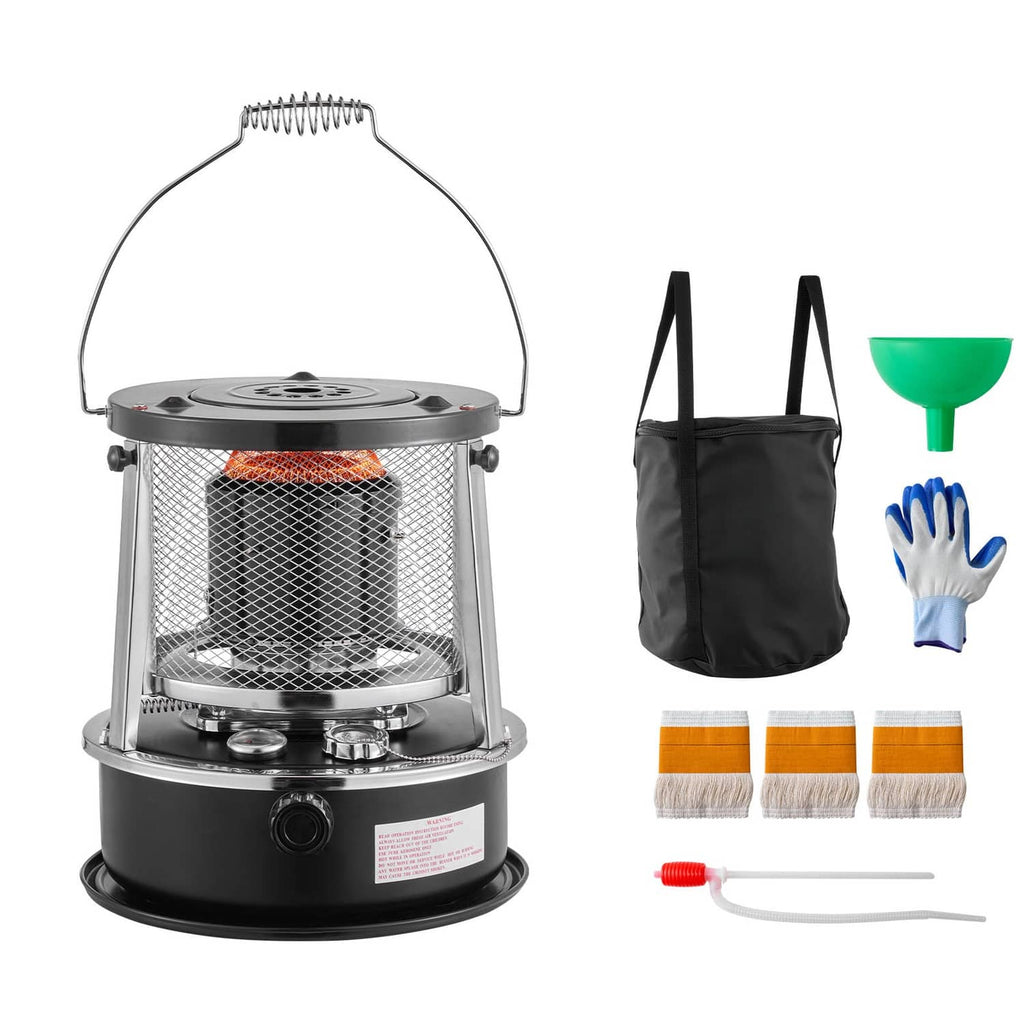 Portable kerosene heater stove with protective mesh fire guard, black base, and top handle