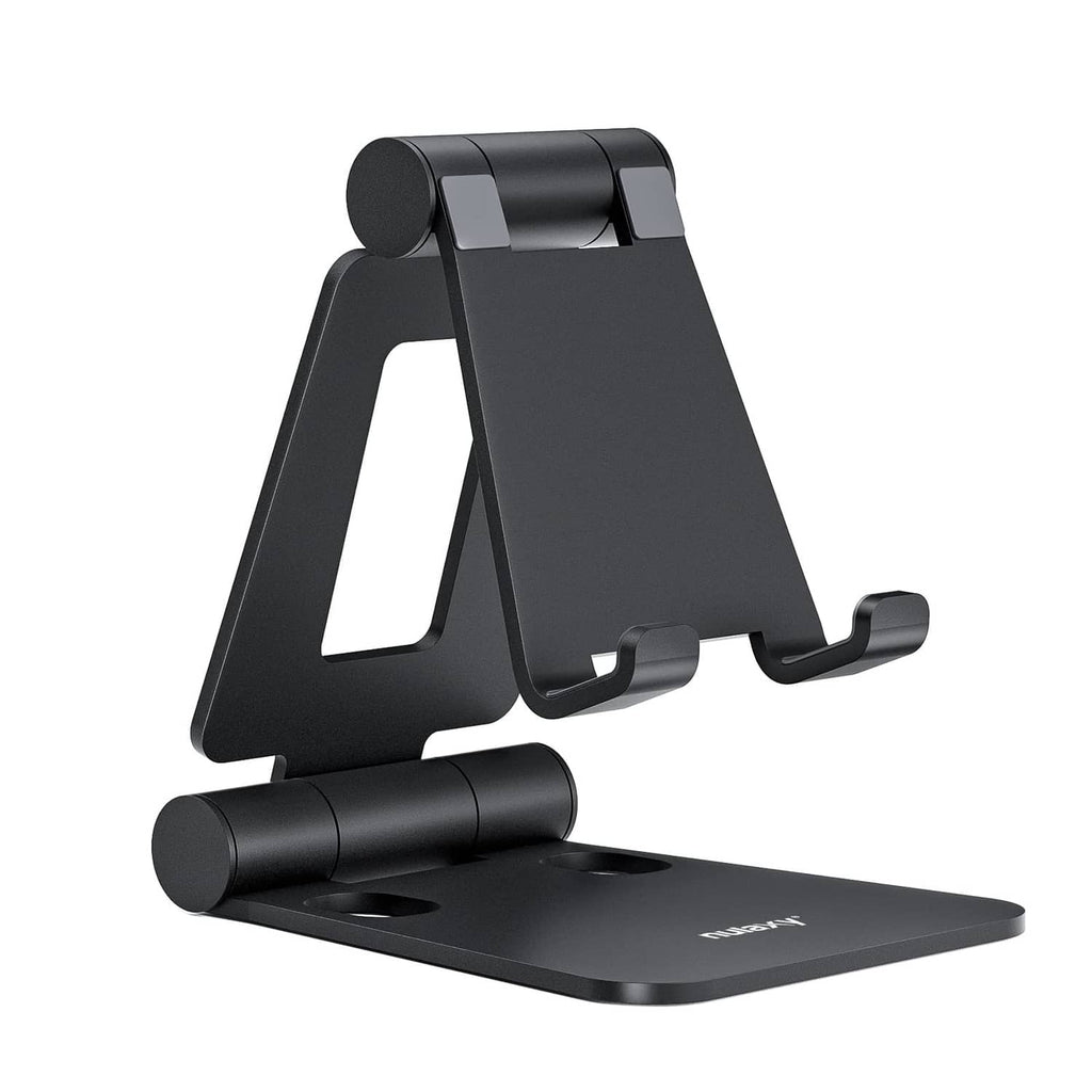Black dual folding cell phone stand with wide base and adjustable cradle arms