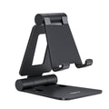Black dual folding cell phone stand with wide base and adjustable cradle arms