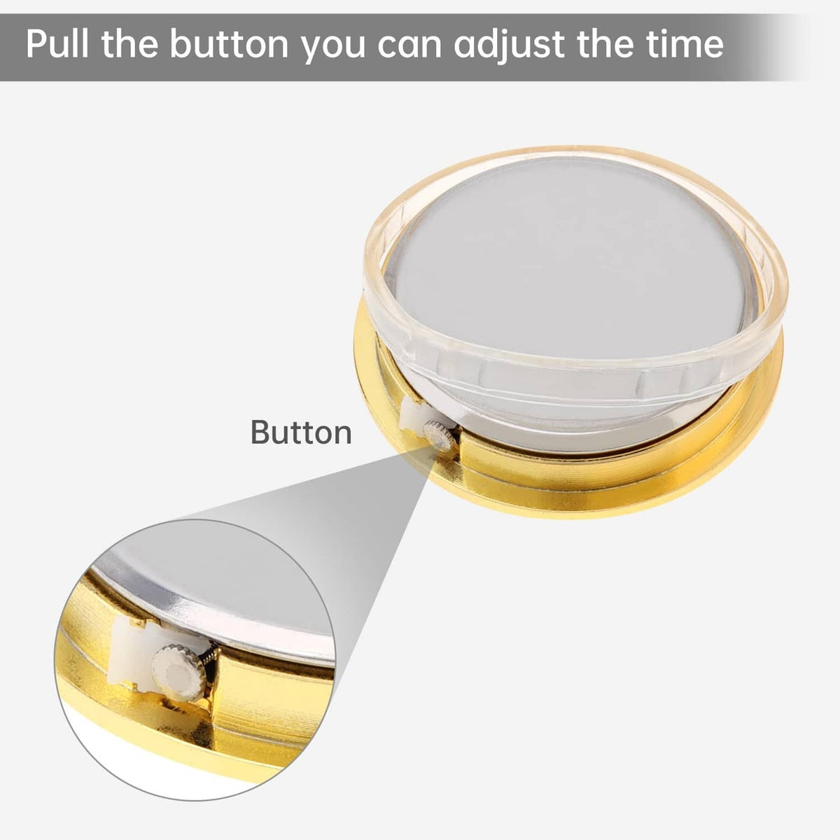 Mini quartz clock top with gold rim and visible adjustable button