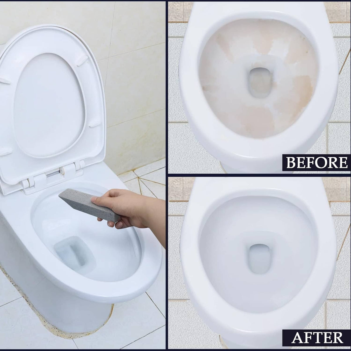 Grey pumice stone used inside a white toilet bowl to lift stains.