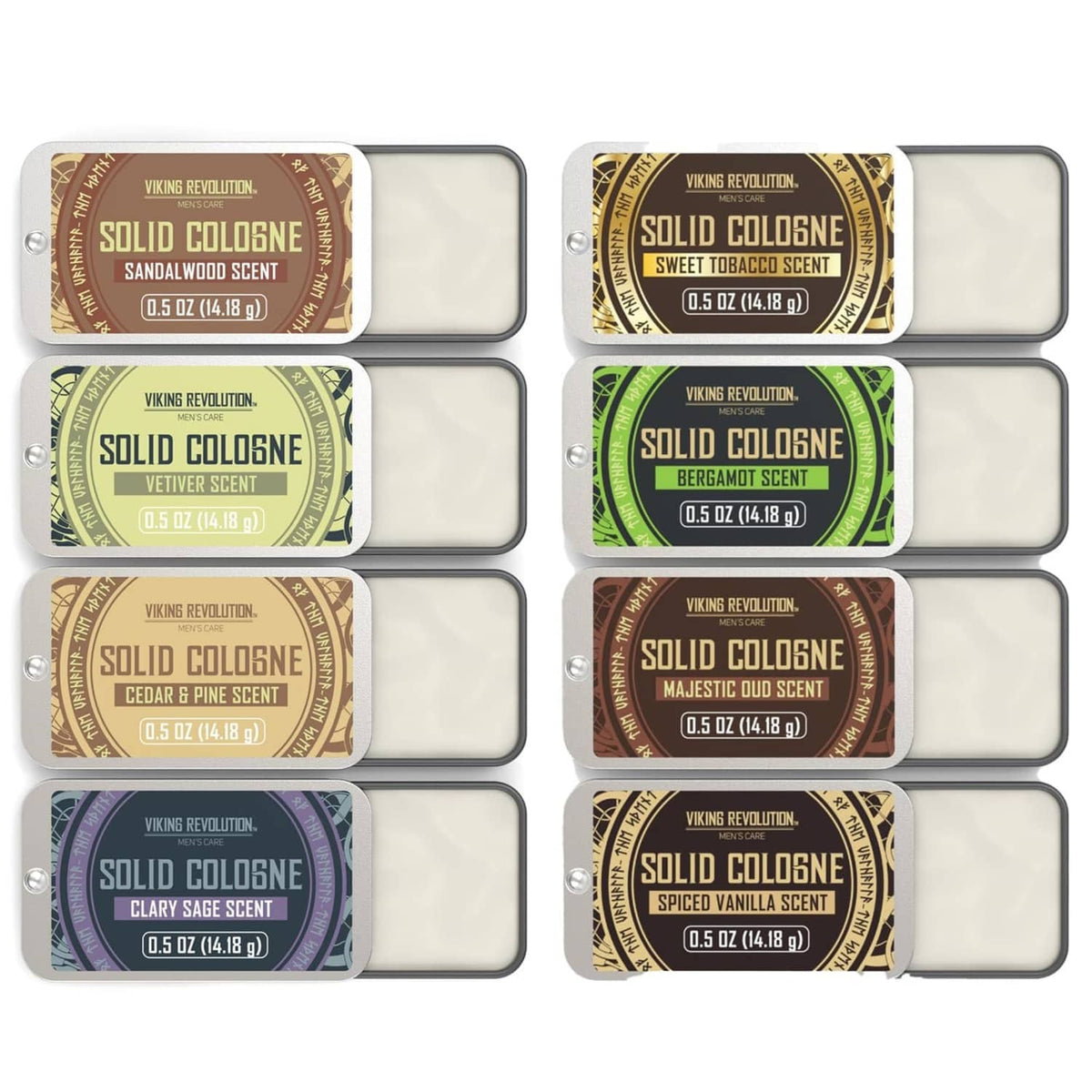 8-pack solid cologne tins in a gray tray, assorted scent labels
