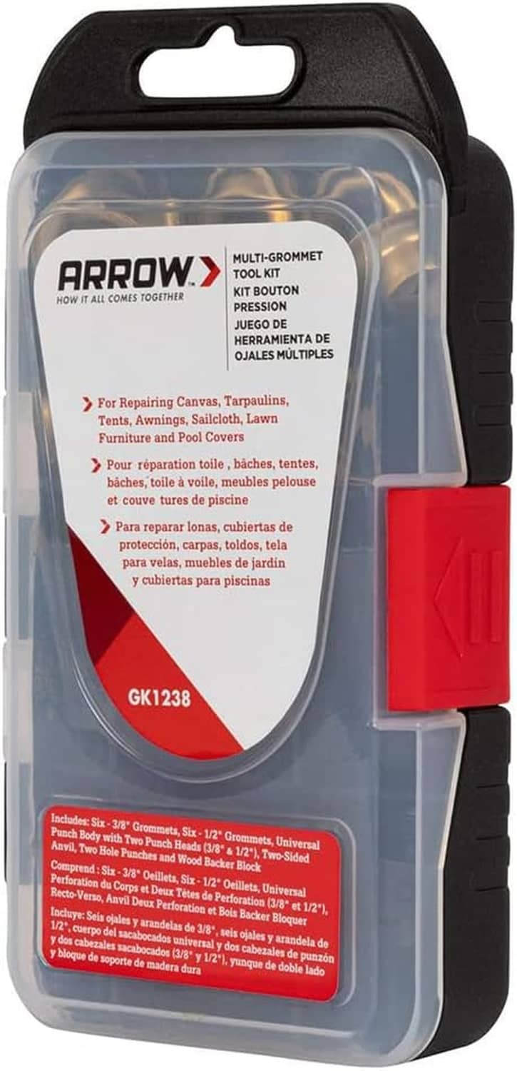 Grommet tool kit front view in clear blister pack with black case and red latch
