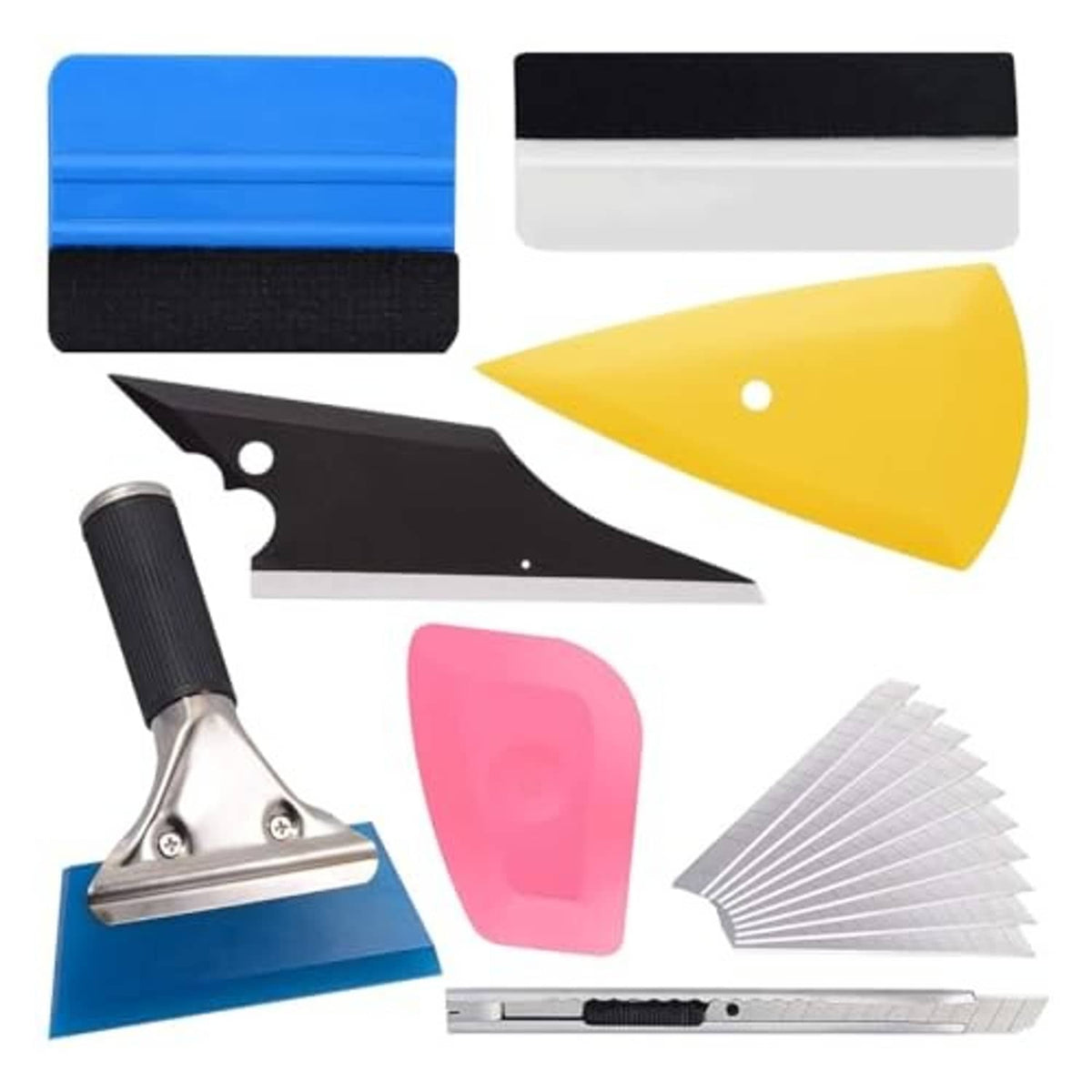 Window tint application kit showing colored squeegee blades, scraper tools, and adhesive strips