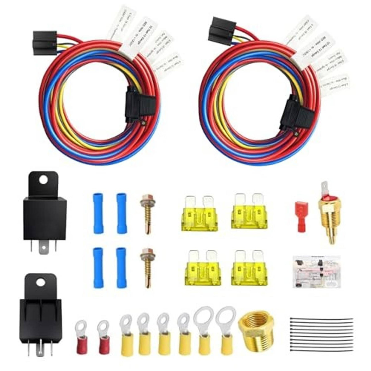 Dual electric radiator fan relay wiring harness kit with relays, fuse holders, terminals and wires