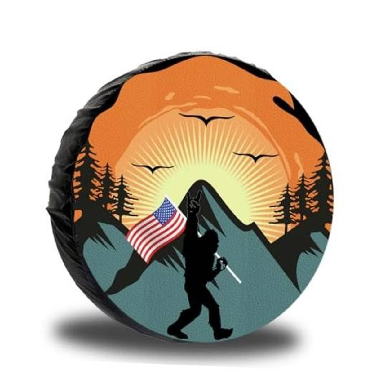 Orange RV spare tire cover with sunset mountains and hiker holding US flag