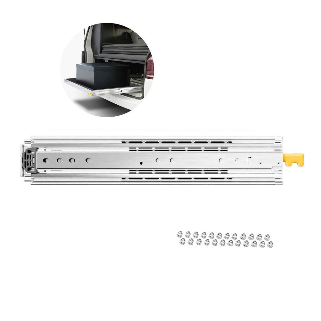 Full-extension soft-close drawer slide rails with ball bearings, silver metal set.