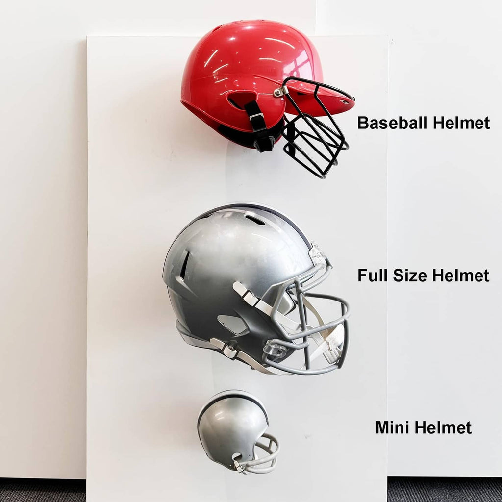 Wall-mounted football helmet display set with red, silver, and small mini helmet cages