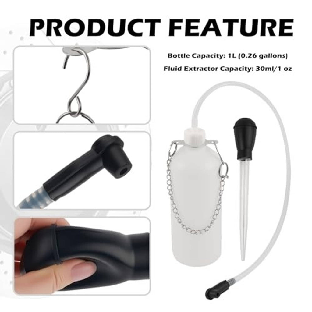 Brake bleeder kit featuring white bottle, chain, black connectors, and fluid extractor