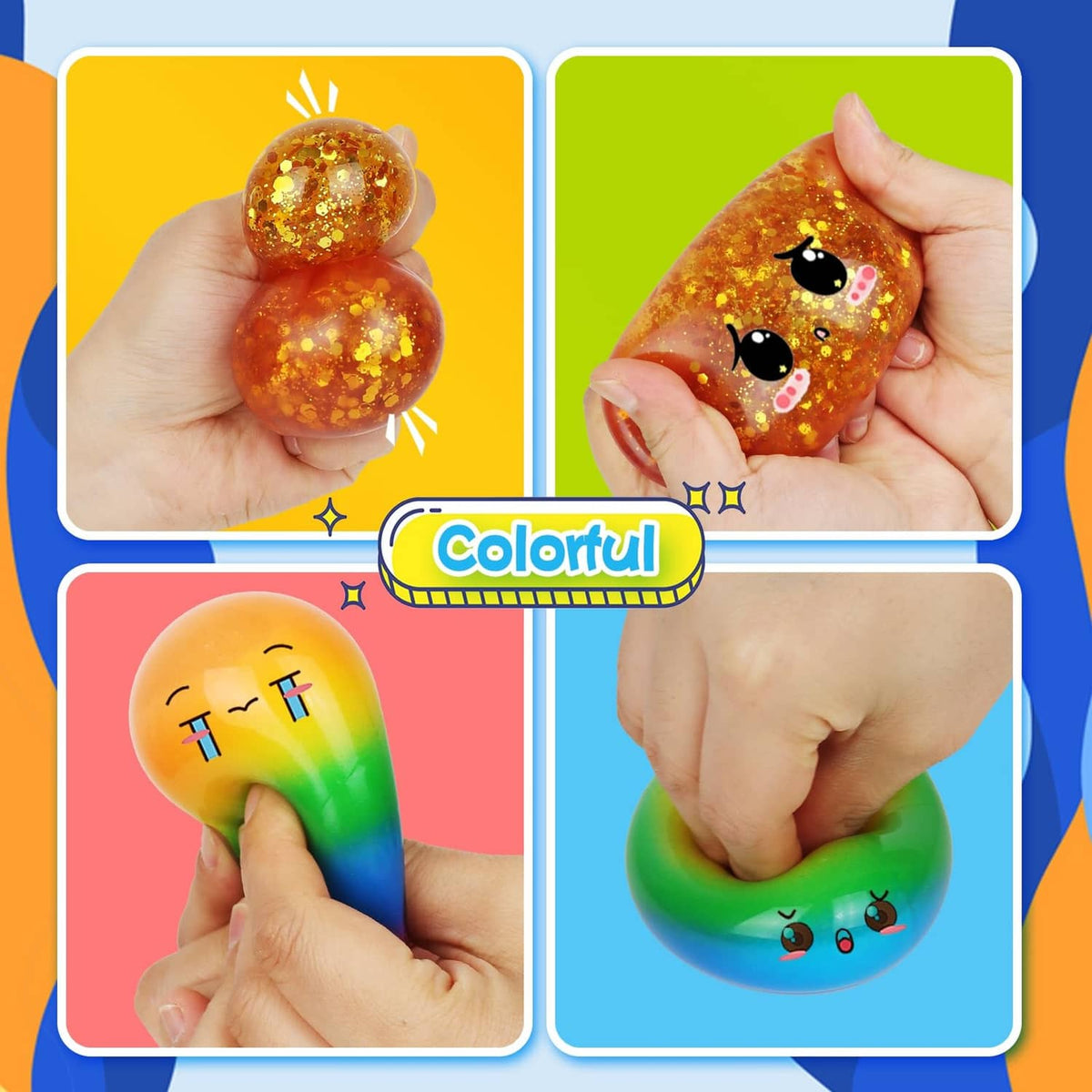Colorful glitter stress ball set, orange round balls with cute face details