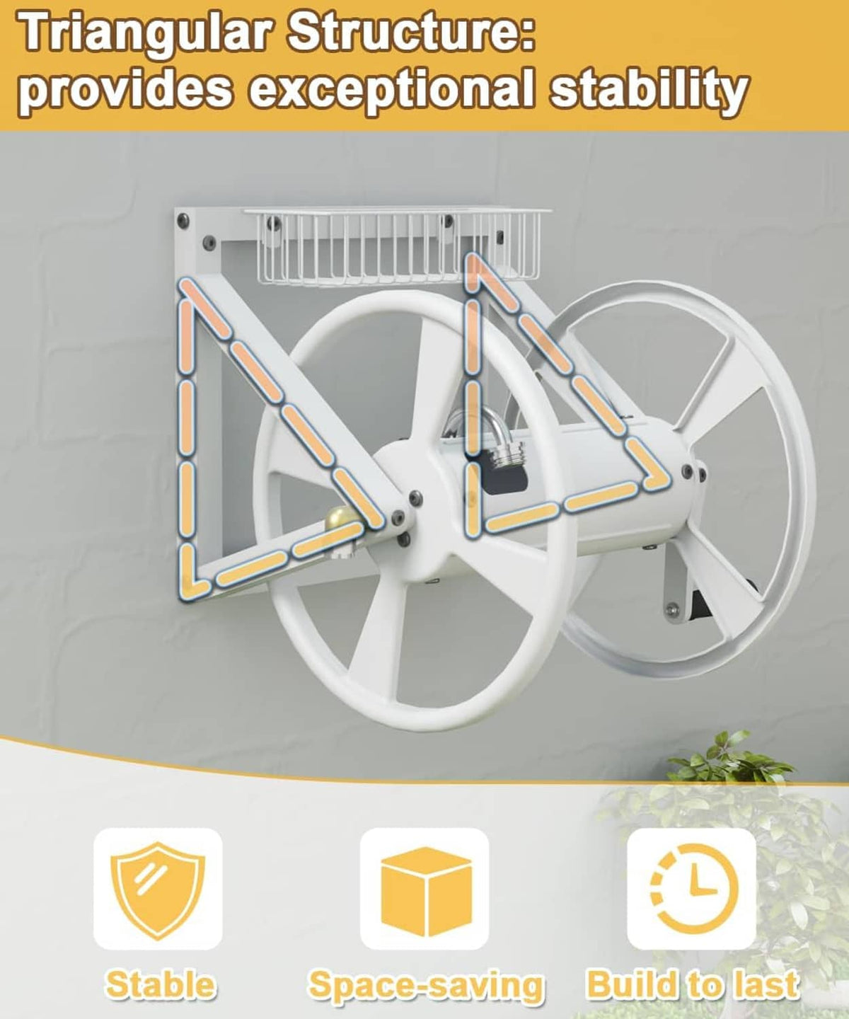 Wall-mounted triangle hose reel with white and gray frame, stability legs and handles