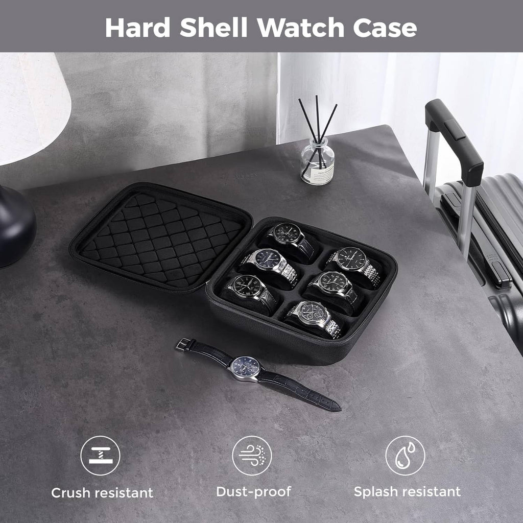 Black hard-shell watch case open with wristwatches in molded compartments