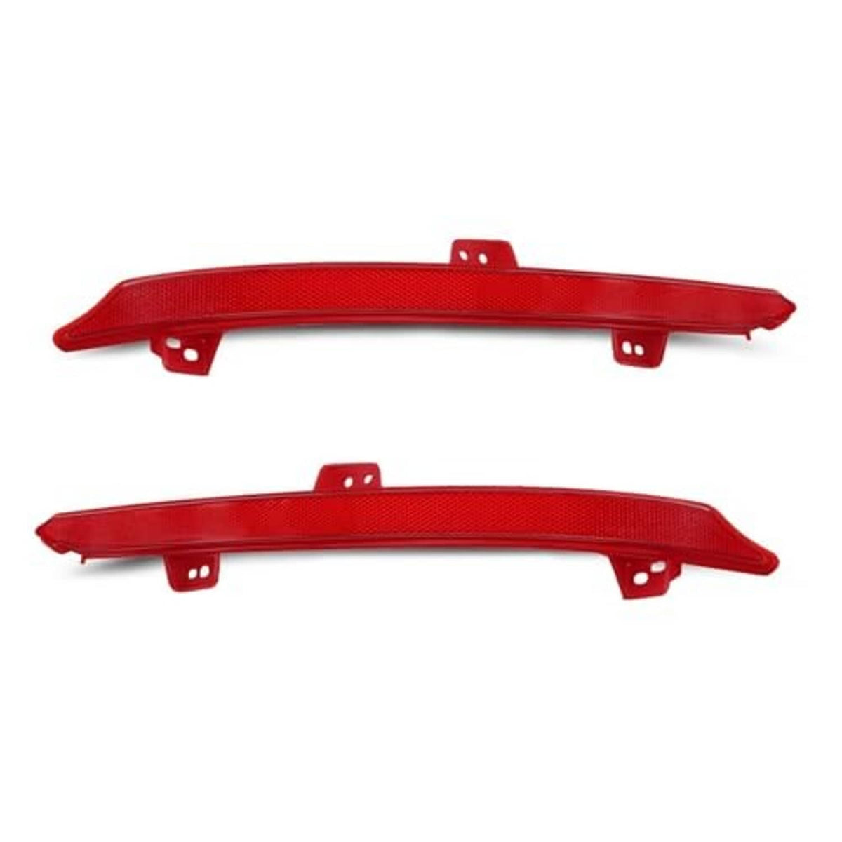 Two red rear bumper reflector light bars with mounting holes and center tab