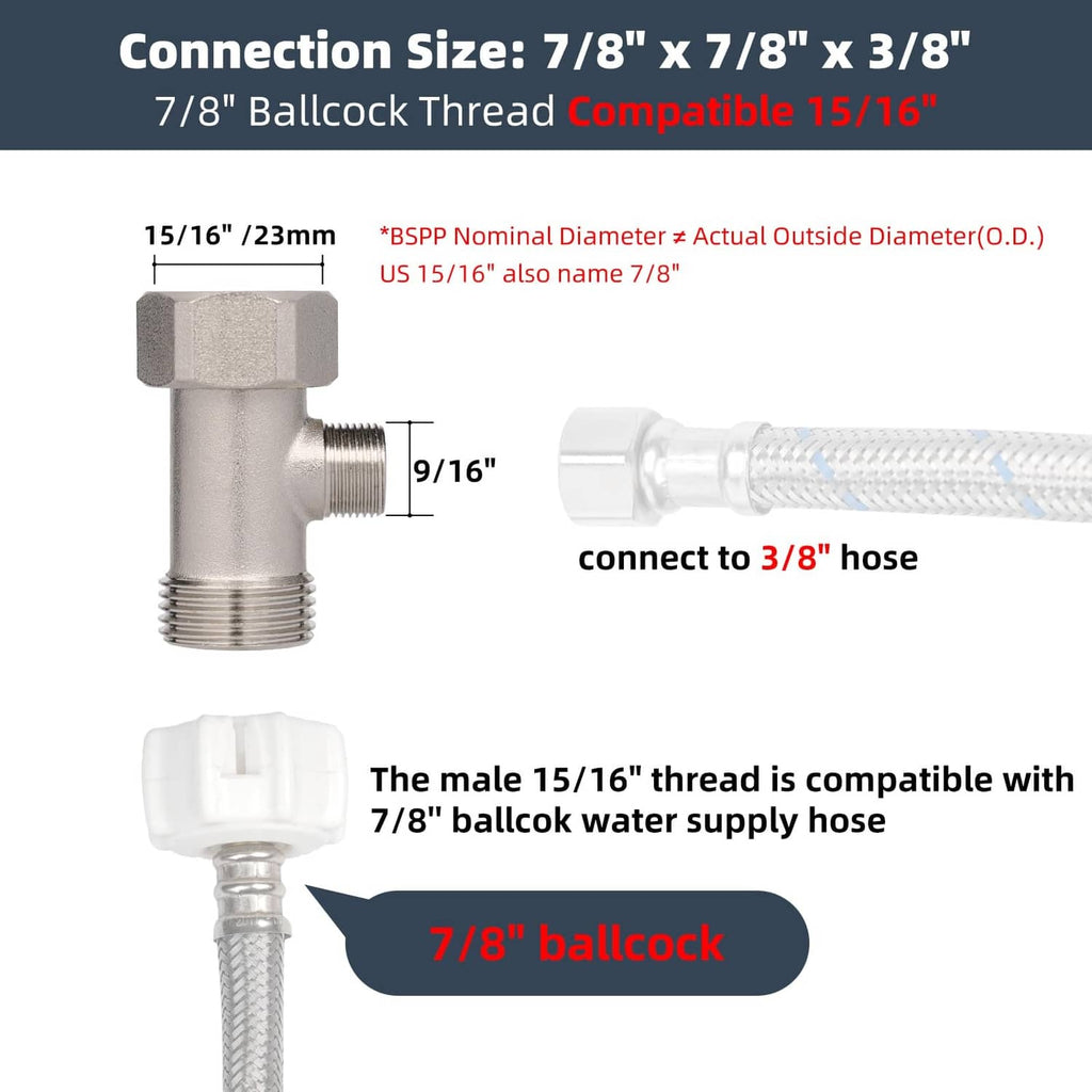 Metal bidet T-adapter with 15/16 in thread and 9/16 in side thread connection
