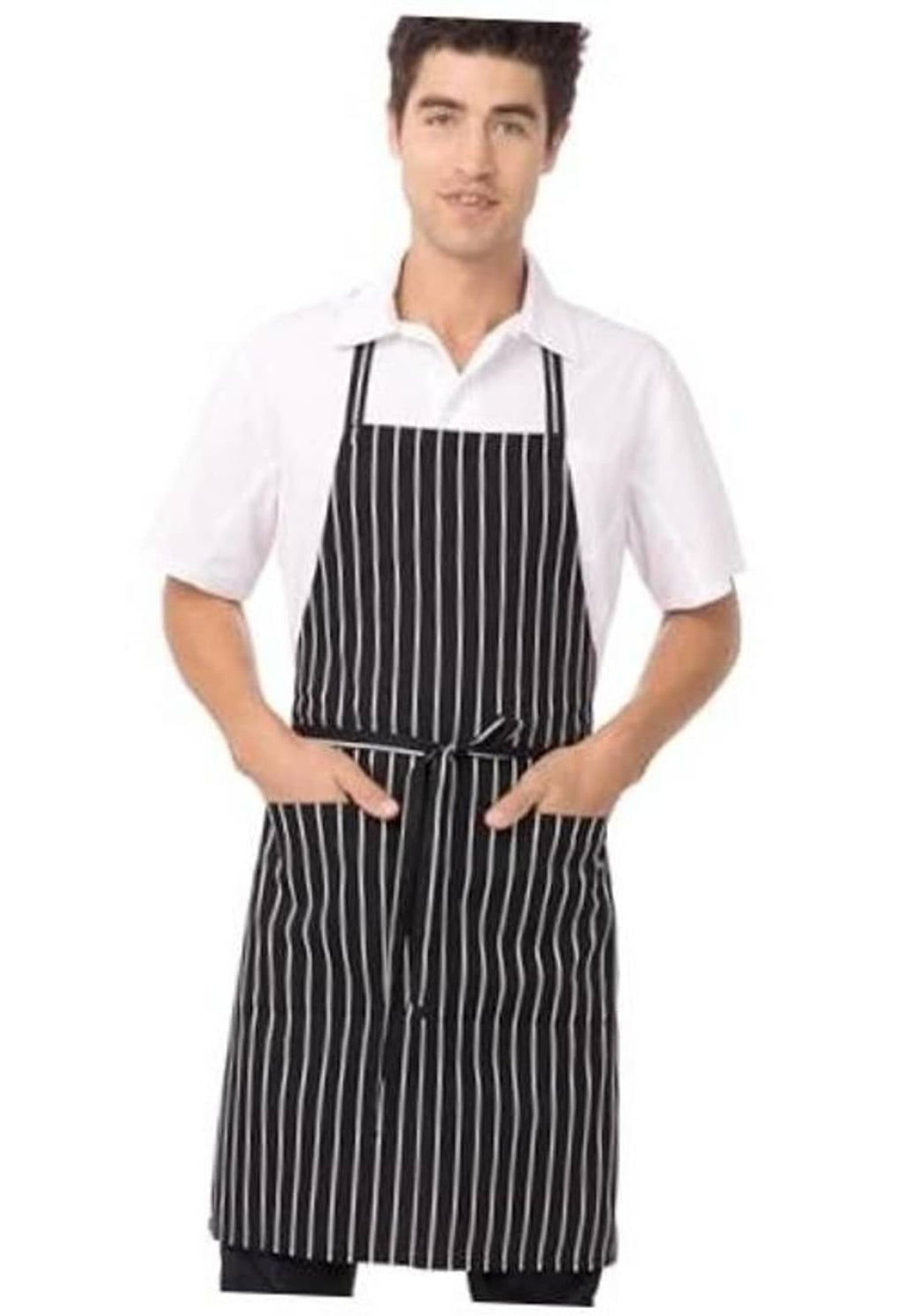 Unisex black chef apron with vertical white chalk stripes, neck strap and waist tie