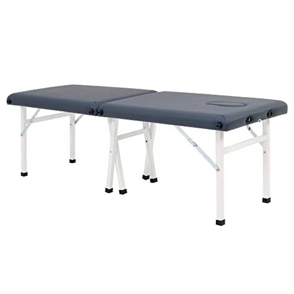 Royal blue padded portable massage table with hinged base and white metal supports