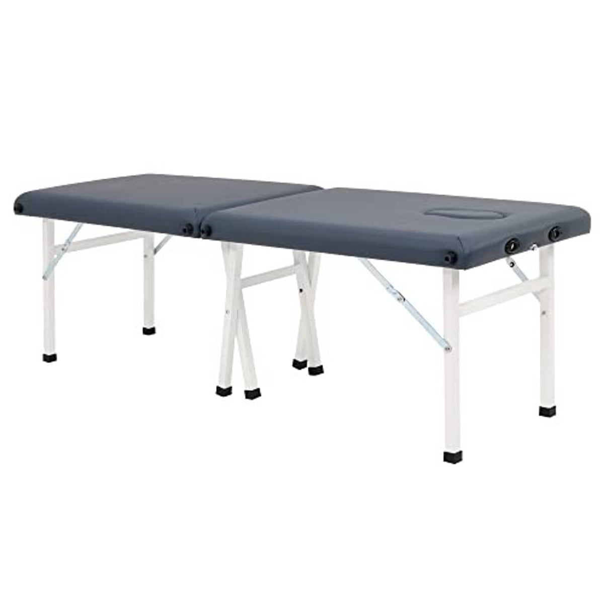 Royal blue padded portable massage table with hinged base and white metal supports