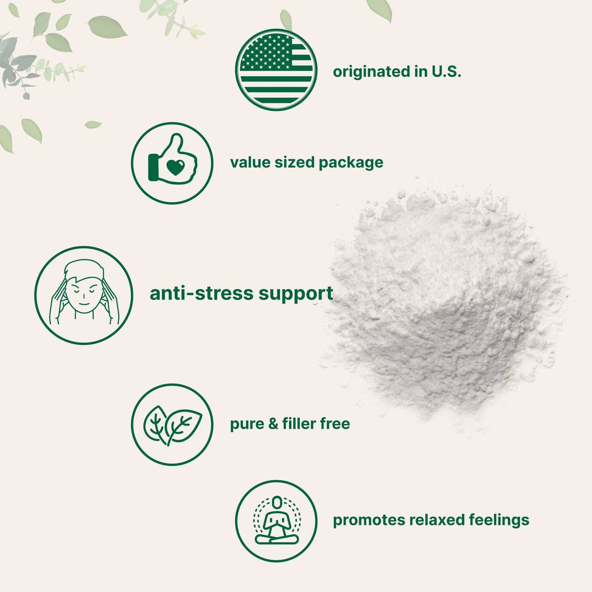 Magnesium citrate powder supplement label with US origin and anti-stress icons
