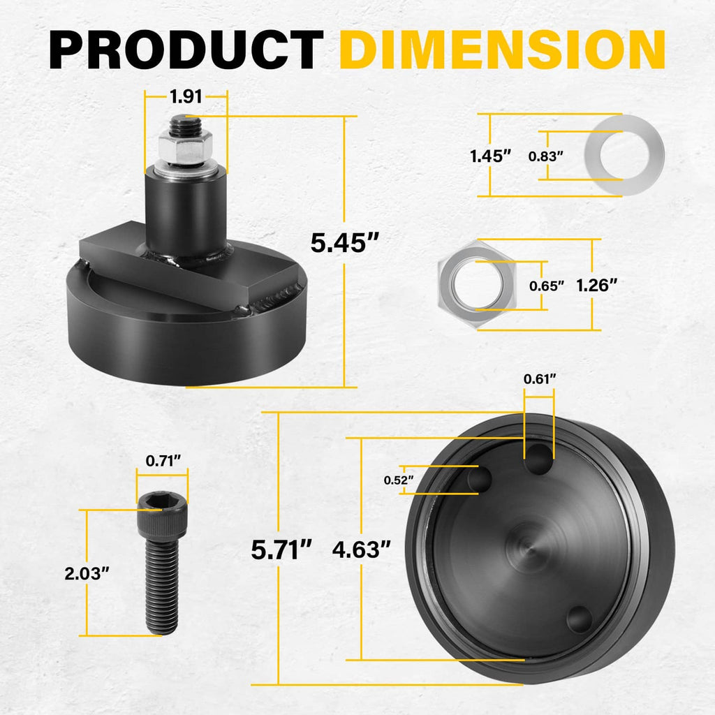 Rear main seal installer tool product dimensions diagram with measurement callouts