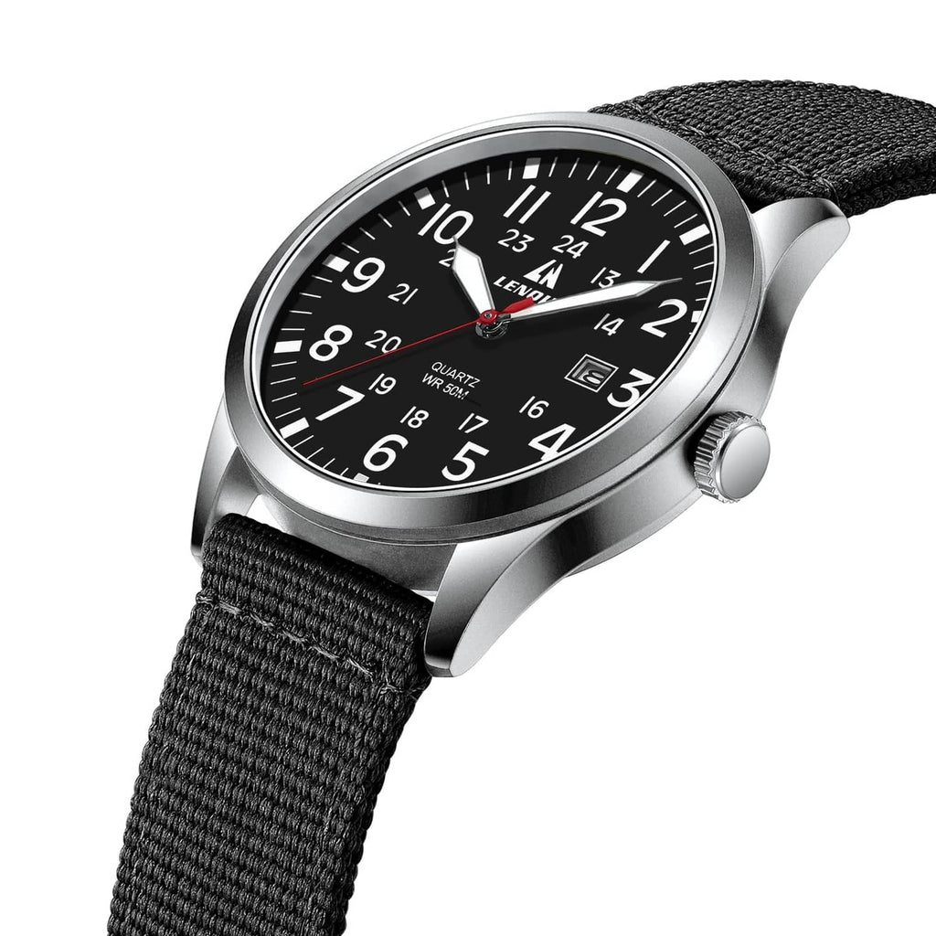 Silver-tone analog wristwatch with black dial and black nylon strap
