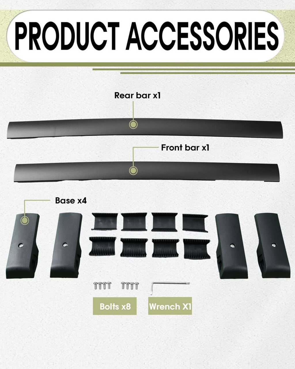 Roof rack cross bar kit with bars, base mounts, clamps, bolts, and wrench