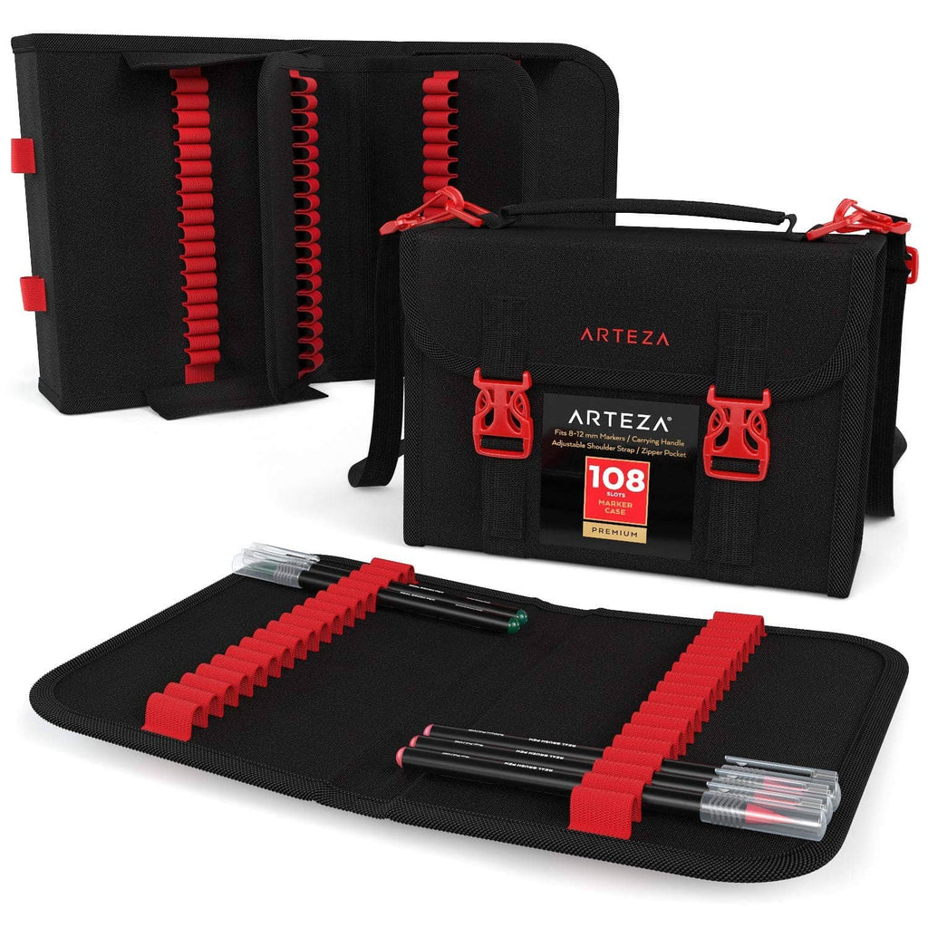 Marker pen organizer case with fold-out slots and removable sections, black with red trim