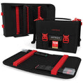 Marker pen organizer case with fold-out slots and removable sections, black with red trim