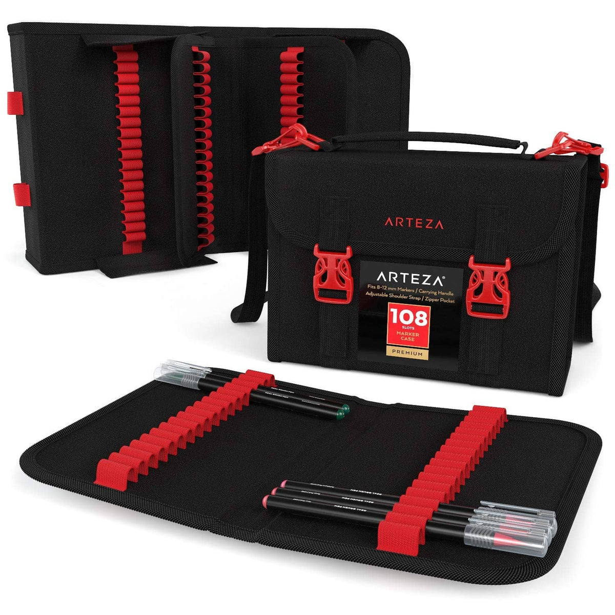 Marker pen organizer case with fold-out slots and removable sections, black with red trim