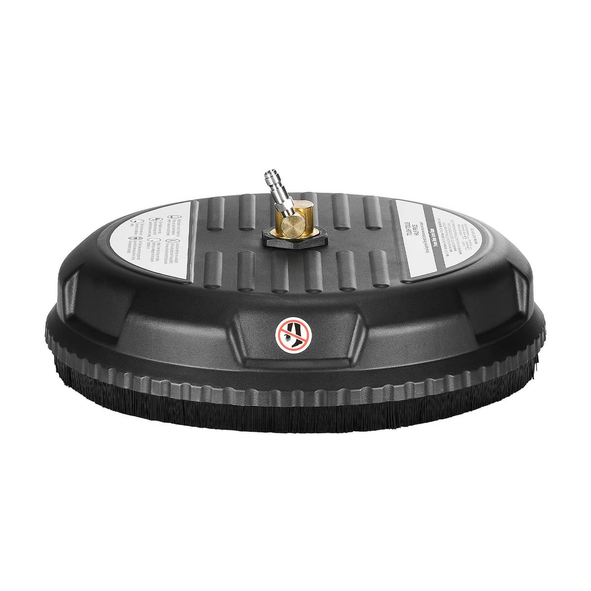 Black pressure washer surface cleaner underside with brass inlet and ridged housing