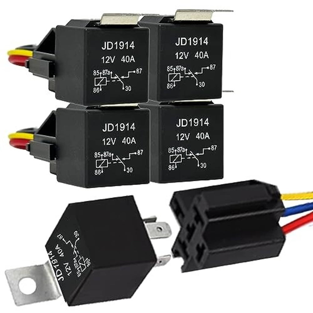 Five black 12V automotive relays with detached harness connectors and metal mounting pins