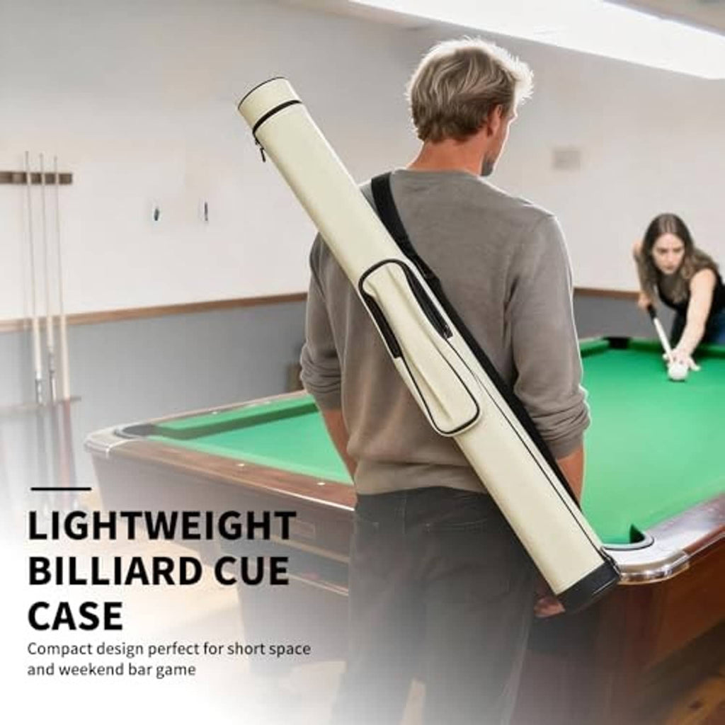 Lightweight cream billiard cue case with shoulder strap, held diagonally