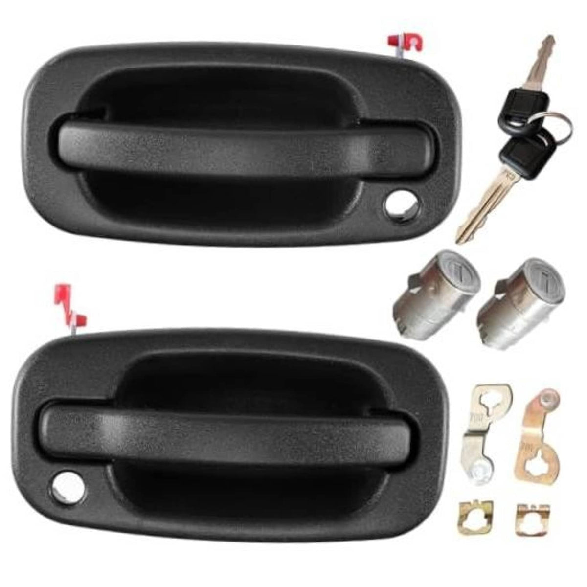 Front exterior door handle with lock, black finish, includes keys and cylinder