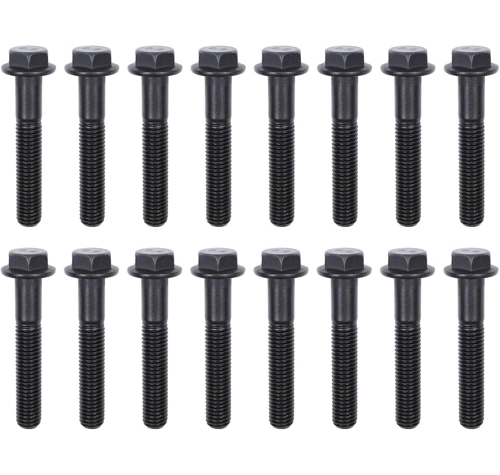 Exhaust manifold bolt kit: 16 black bolts shown in two rows, hex heads