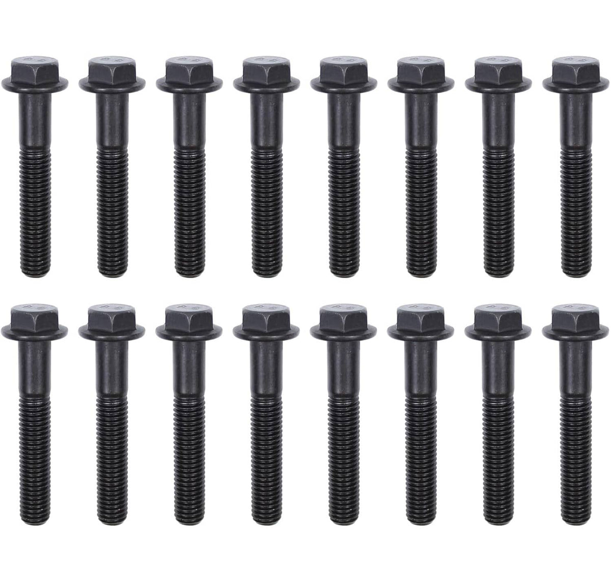 Exhaust manifold bolt kit: 16 black bolts shown in two rows, hex heads