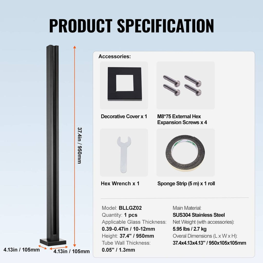 Black glass railing post clamp with accessories shown in a product specification layout