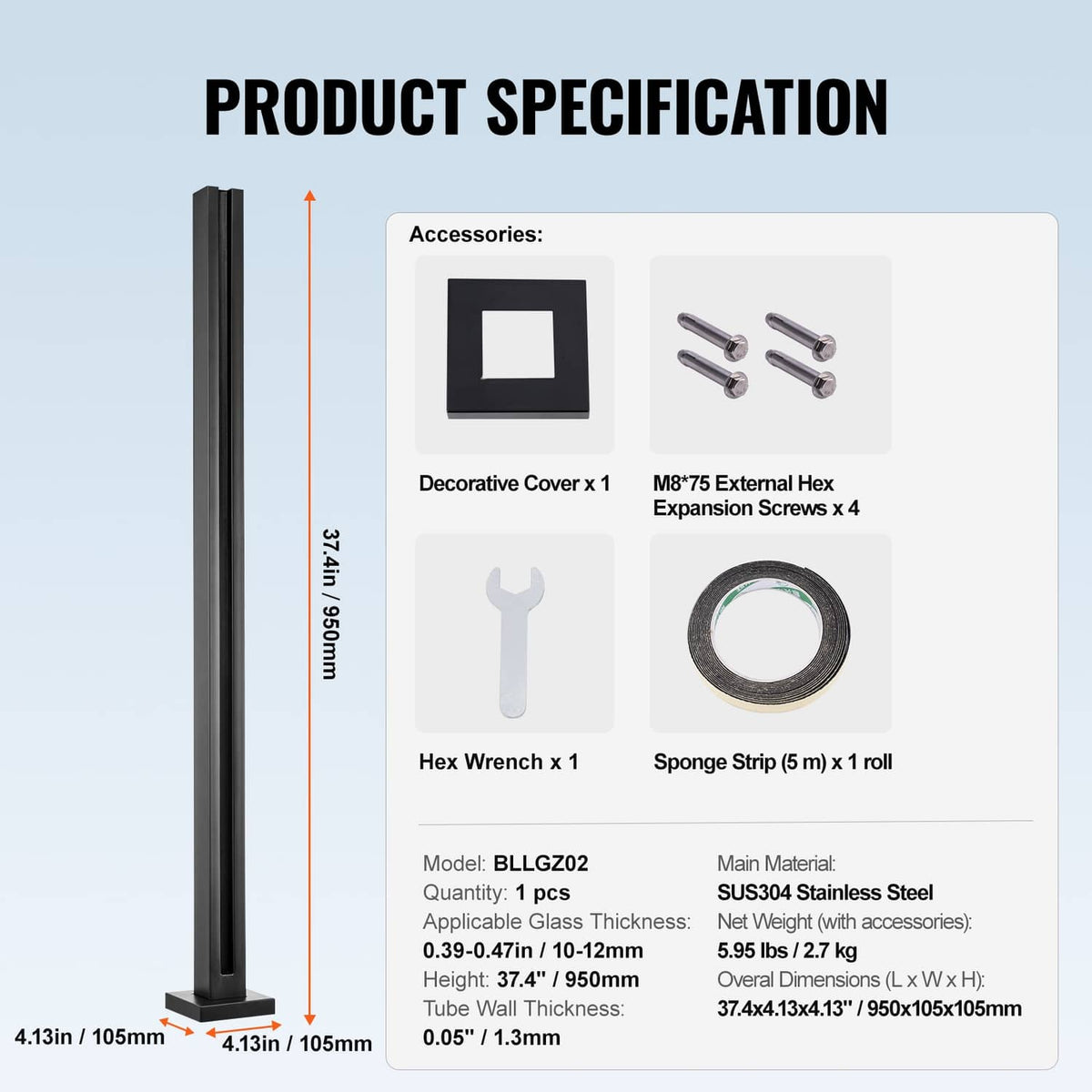 Black glass railing post clamp with accessories shown in a product specification layout