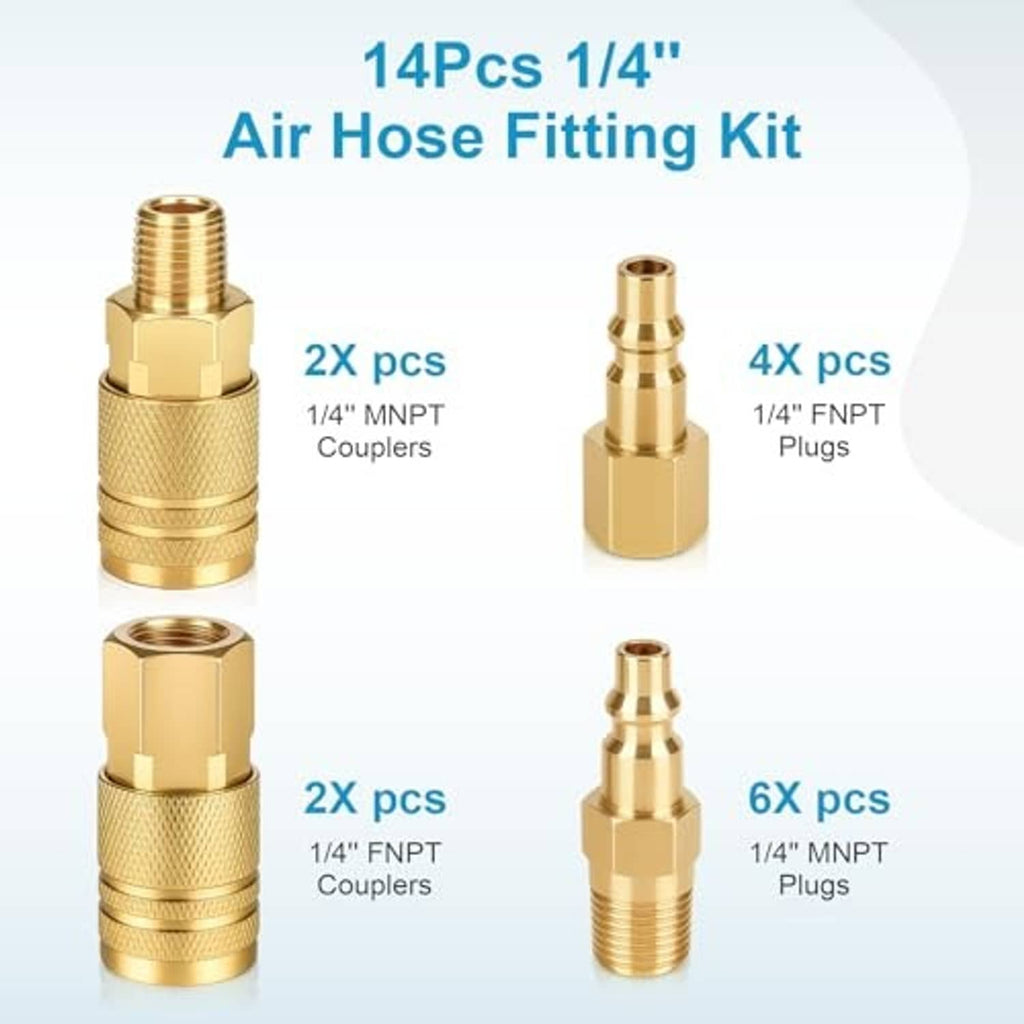Brass air hose fitting kit with male and female coupler pieces for 1/4" NPT