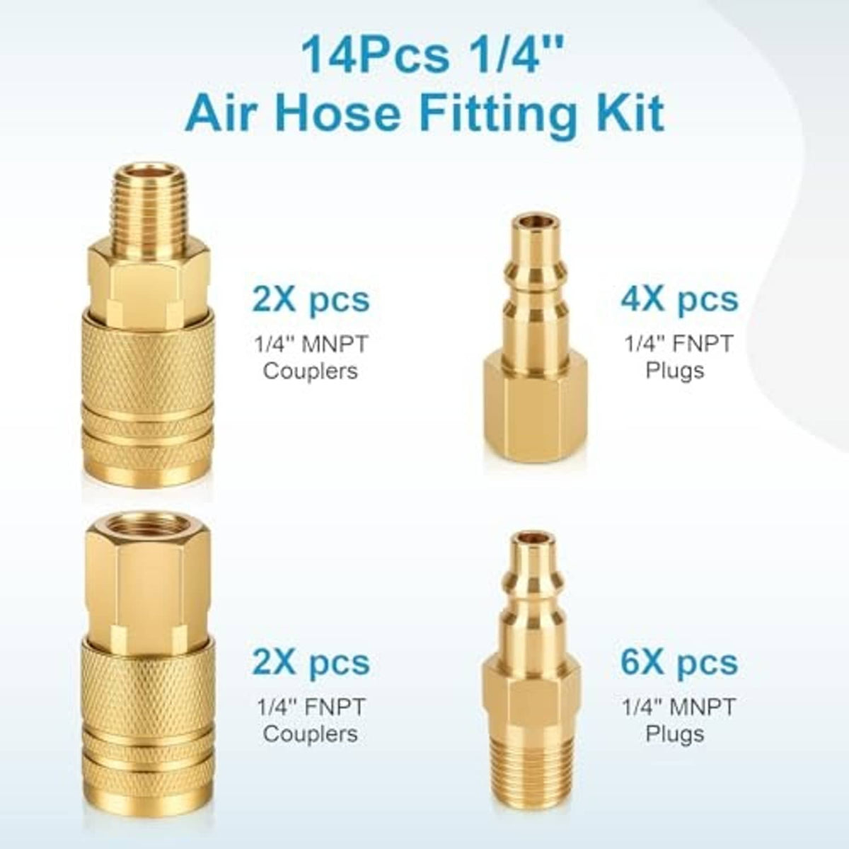 Brass air hose fitting kit with male and female coupler pieces for 1/4" NPT