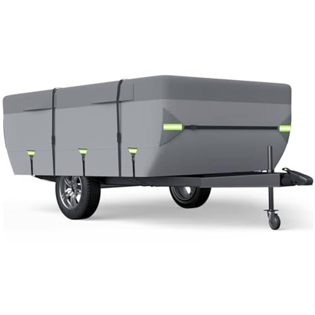Gray pop-up camper trailer cover with lime-green support bars and front opening