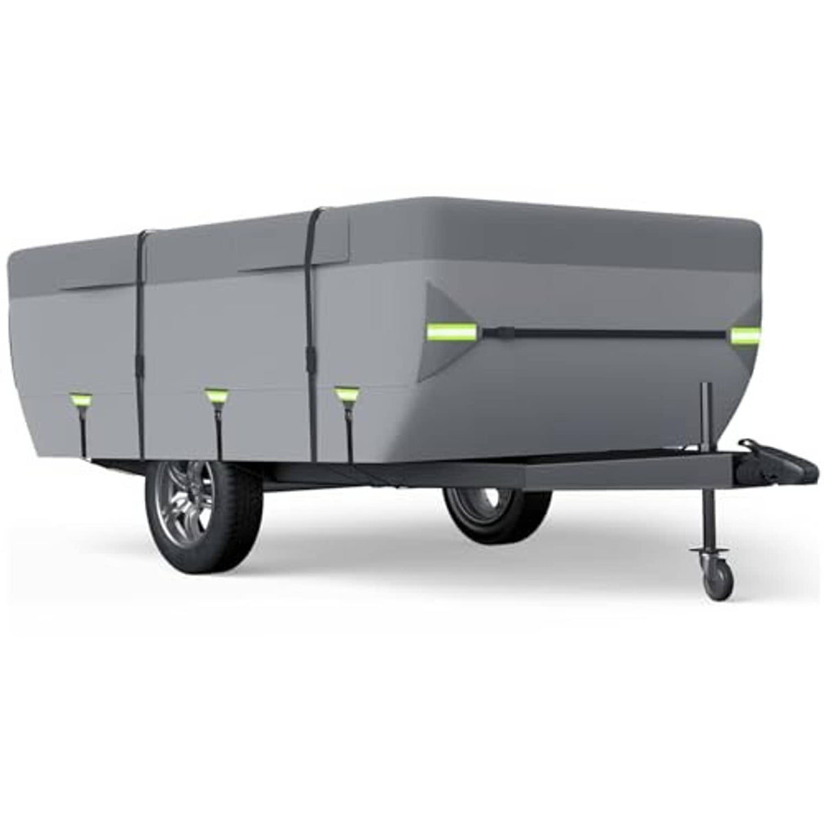 Gray pop-up camper trailer cover with lime-green support bars and front opening